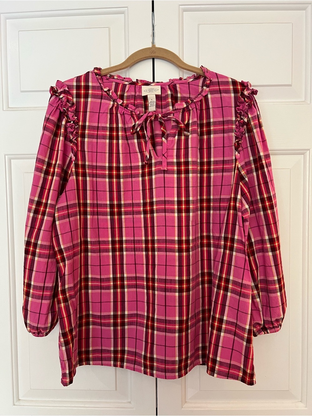 St. John's Bay Pink Plaid Ruffle Tie-Neck Blouse Size L